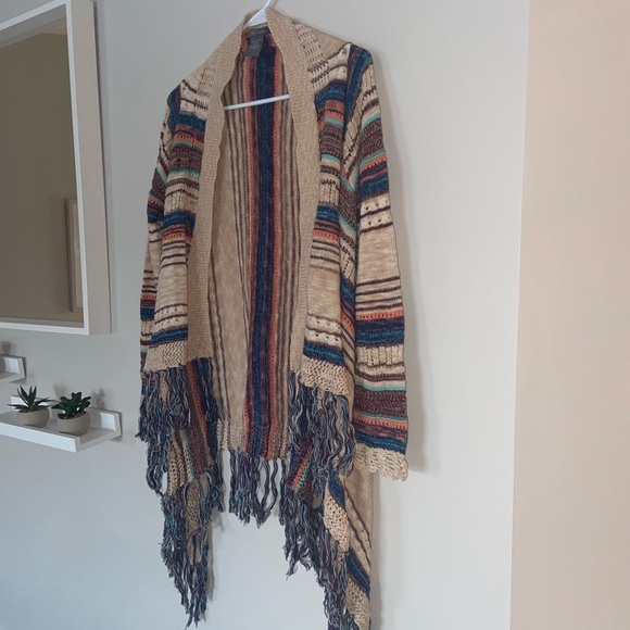 Su & Lola Boho Bright Striped Fringe Open Front Cardigan - Size Medium - Picture 2 of 10